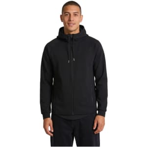 A black men's hoodie made from soft cotton and bonded polar fleece, featuring a zip front and a hood.