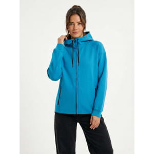 A grey hoodie made of soft cotton and bonded polar fleece, featuring a hood and zippered pockets.