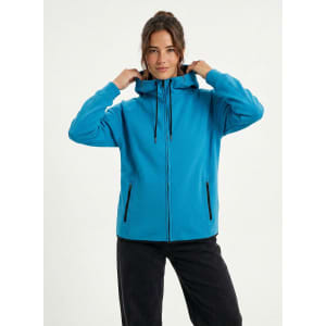 A grey bonded polar fleece hoodie featuring a hood and side pockets, modelled by a woman in black leggings.