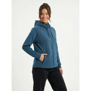 A grey women's junior hoodie with a bonded polar fleece lining, featuring a hood and a logo.