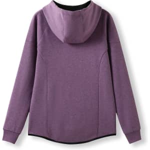 A purple women's junior hoodie made from soft cotton and bonded polar fleece, featuring a hood and a seamless back design.