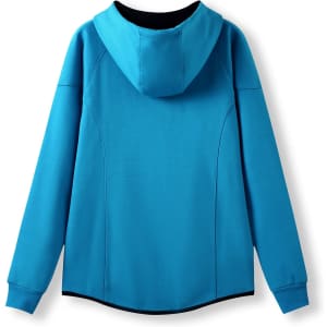 A blue hoodie featuring a hood and fitted design, made from soft cotton and bonded polar fleece.