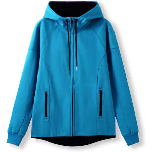 A vibrant blue women's junior hoodie made of soft cotton and bonded polar fleece, featuring a black hood and zippered pockets.