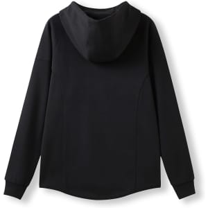 A black women's junior hoodie made of soft cotton and bonded polar fleece, featuring a hood and long sleeves.