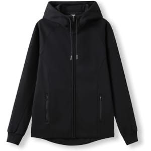 A black women's juniors hoodie made from soft cotton and bonded polar fleece, featuring a zip front and a hood.