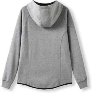 A grey women's junior hoodie made of soft cotton and bonded polar fleece, featuring a fitted design and hood.