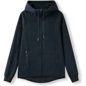 A navy blue women's junior hoodie made from soft cotton and bonded polar fleece, featuring a zipper and hood.