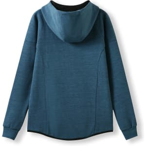 A blue women's/junior hoodie made from soft cotton and bonded polar fleece, featuring a hood and long sleeves.