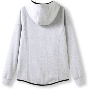A grey women's junior hoodie made from soft cotton and bonded polar fleece, featuring a hood and a logo.