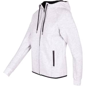 A women's junior grey hoodie made from soft cotton and bonded polar fleece, featuring a zip front and pockets.