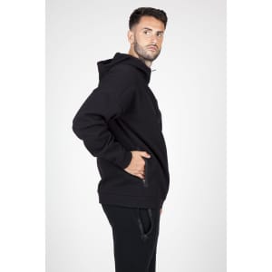 A black men's hoodie with a zippered side pocket, featuring a relaxed fit and a hood.