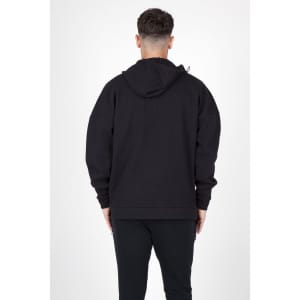A black men's hoodie with a spacious fit, featuring a hood and a branding logo.