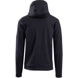 A black men's hoodie featuring a hood and long sleeves, with a branding logo on the back.