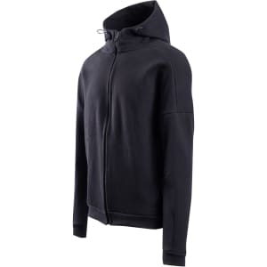 A black men's hoodie with a zip-up front and a hood, featuring a logo on one sleeve.