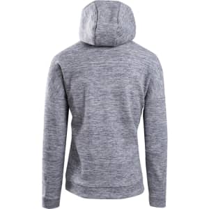 A grey hoodie with a spacious hood and textured fabric, featuring a logo on the back.