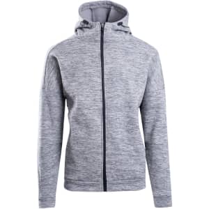 A grey men's hoodie featuring a zip front and a hood. The fabric has a textured appearance and includes a logo.