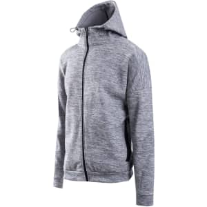 A grey men's hoodie with a hood and zip closure, featuring side pockets and a logo.