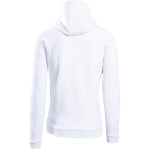 A white men's hoodie featuring a standard hood and long sleeves, with a plain back design.