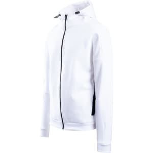 A white men's hoodie with a zip front, featuring a hood and side pockets. It has a logo on the side.