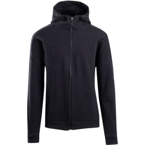 A black men's hoodie with a zip-up front, featuring a hood and a logo.
