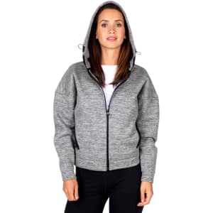 A women's/juniors' hoodie in grey with a zip front and a hood, featuring a brand logo.