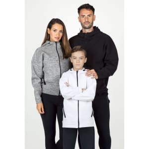 A grey hoodie on a woman, a black hoodie on a man, and a white hoodie on a boy, all with zippers and pockets.