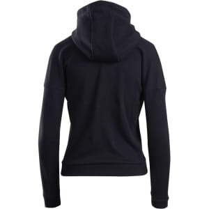 A black women's/juniors' hoodie featuring a hood and long sleeves, displayed from the back.