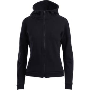 A black women's/juniors’ hoodie with a zip front and a hood, featuring a logo detail.
