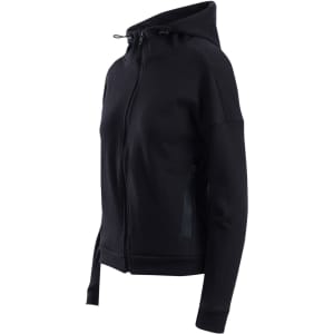 A black women's/juniors' hoodie with a zip front, side pockets, and a hood. It features a logo detail.