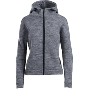 A grey women's/juniors' hoodie with a zip front and a hood, featuring a logo on the chest.