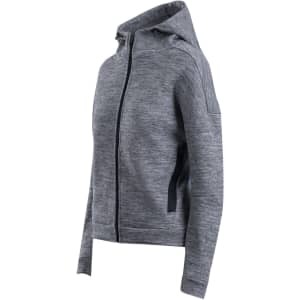 A grey women's/juniors' hoodie with a zip closure, featuring a hood and side pockets, and a logo.