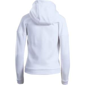 A white women's/juniors' hoodie with a spacious hood and long sleeves, featuring a simple and clean design.