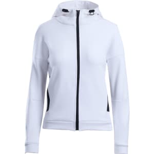 A women's/juniors' hoodie in white with black accents and a zip-up front, featuring a hood and a logo.