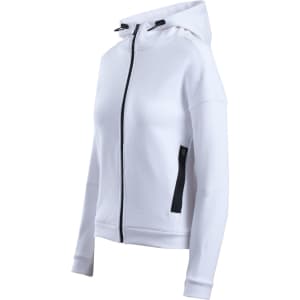 A white women's/juniors' hoodie with a zip front, a hood, and side pockets, featuring a subtle logo.