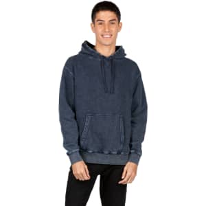Men's stone wash fleece hoodie in a dark blue shade, featuring a front pocket and an adjustable hood.