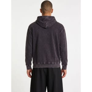 A men's stone wash fleece hoodie in dark blue with a front pocket and a hood. Features a branding logo.