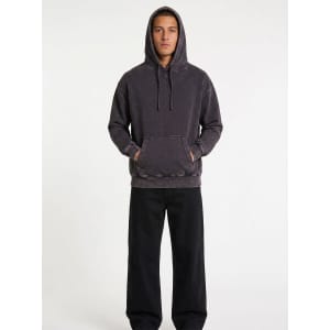 A men's stone wash fleece hoodie in a dark blue hue, featuring a hood and a relaxed fit, with a logo on the front.