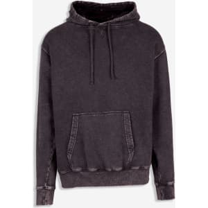 A men's stone wash fleece hoodie in dark grey with a front pocket and drawstring hood, featuring a logo.