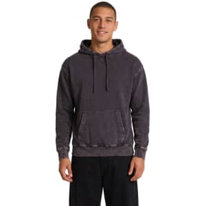 A men's stone wash fleece hoodie in dark blue, featuring a front pocket and a hood, with branding visible.
