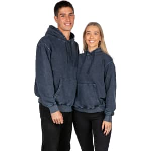 A stone wash fleece hoodie in navy blue, worn by a male and female model. The hoodie features a front pocket and a logo.