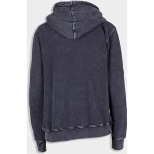 A grey stone wash fleece hoodie with a hood and a logo on the back.