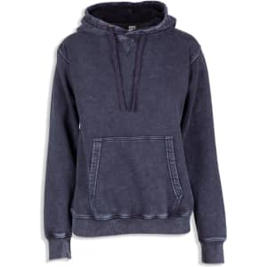 A women's junior stone wash fleece hoodie in dark grey with a front pocket and a hood. Features stitching details.