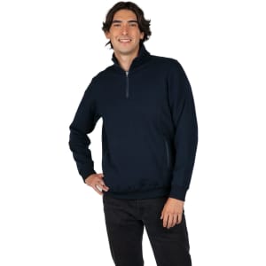 A model wearing a men's half zip fleece jumper in navy, featuring side pockets and a zip closure.