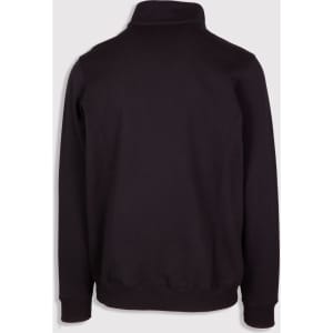 A black half zip fleece jumper with a high collar and elasticated cuffs, featuring a logo.