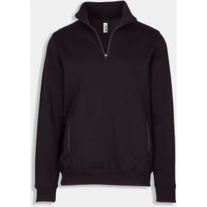 A black men's half zip fleece jumper with a zippered neck and side pockets, featuring a logo.