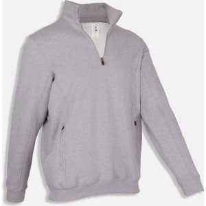 A grey men's half zip fleece jumper featuring side pockets and a zip neckline. It includes a logo.