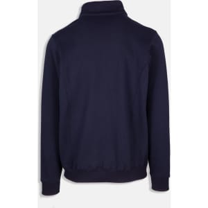 A navy blue men's half zip fleece jumper featuring a stand-up collar and ribbed cuffs. It has a logo on the back.