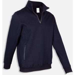 A navy half zip fleece jumper with a side pocket and logo, featuring long sleeves and a comfortable fit.
