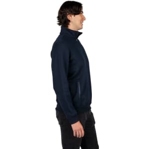 A men's half-zip fleece jumper in navy blue, featuring a side view with a zip pocket and a logo.