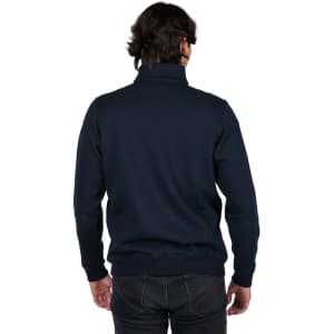 A navy blue men's half zip fleece jumper featuring a high collar and long sleeves, with a branded logo.